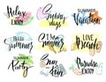 Set of hand drawn summer labels, logos, and elements set for summer holiday, beach vacation. Vector illustration.