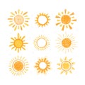 Set of hand drawn sun symbols. Collection of doodle sun icons