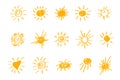 Set of hand-drawn suns icons. Summer collection of sketches of luminaries. Shine and rays of golden color. Doodle, draft, childish Royalty Free Stock Photo