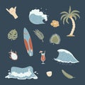 A set of hand drawn surfing elements. Waves, surfboard, palm trees, tropical leaves and more. Flat vector illustration Royalty Free Stock Photo