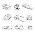 Set of hand drawn sushi and rolls Royalty Free Stock Photo