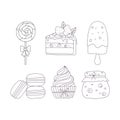 Set of Hand drawn sweet food, Desserts. Lollipop, popsicle, macaroons, cupcake, cake, jam. Outline doodle vector black Royalty Free Stock Photo