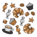 set of hand-drawn sweets, croissant, cupcakes, sweets, cookies, gray-brown shades, textiles