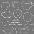 Set with hand-drawn tea cups and spoons. Vintage vector illustration in chalkboard style.