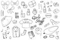 Set of Hand drawn Templates Fashion illustration with Girls Stuff. Set of women`s clothing, jewelry, cosmetics, gifts and romance Royalty Free Stock Photo