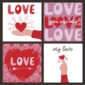 Set of hand drawn templates greeting cards with romantic objects and quotes