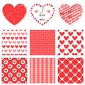 Set of hand-drawn textures heart shapes and romantic pattern.