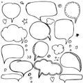 Set of hand drawn think and talk speech bubbles with love message, greetings and sale ad.