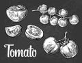 Set of hand drawn tomatoes on dark background. Tomato, half and slice engraved illustration.