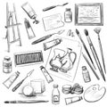 Set of hand drawn tools and materials the artist. Royalty Free Stock Photo