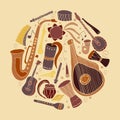 Set of hand drawn traditional Slavic musical instruments in circle. Concept of ethnic festiwal Royalty Free Stock Photo