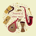 Set of hand drawn traditional Slavic, Ukrainian musical instruments on a beige background.