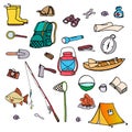 Set of hand drawn travel doodle. Vector illustration set of travel, tourism and summer doodles elements on the white background.