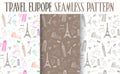 Set of Hand Drawn Travel Europe Seamless Pattern