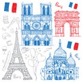 Set of hand drawn travel sketches of the famous landmarks of Paris, France