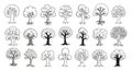 A collection of twenty one hand drawn tree illustrations in black and white on a white background Royalty Free Stock Photo