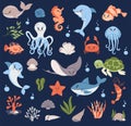 Set of hand drawn underwater sea animals, vector Royalty Free Stock Photo