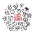 Set of hand drawn Valentines day Doodle vector icons. Valentine day Love Hearts, mug, flowers, cupcakes, drinks, letters