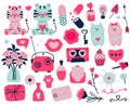 Set of hand drawn Valentines day elements. Cats, tigers, Hearts, vases, flowers, cupcake, letters, key, arrows, messages Royalty Free Stock Photo