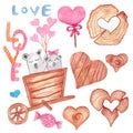 Set of hand-drawn Valentines icons with watercolor on a white background, hearts with wooden textures, pink heart-shaped lollipop,