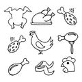 a set of hand-drawn varied icons on the theme of chicken meat and chicken dishes, for cafes and restaurants Royalty Free Stock Photo