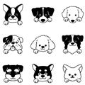 Set of hand drawn various cute dog faces with paws only outlines