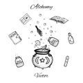 Set of hand drawn vector alchemy bottles. Black outline of potions, vials, herbs, books, mushrooms and cauldron.