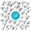 Set of Hand drawn vector calligraphy letter F. Script font. Isolated letters written with ink. Handwritten brush style Royalty Free Stock Photo