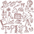 A set of hand-drawn vector contours on the topic of science, education and school. Doodle elements flask, book, notebook Royalty Free Stock Photo