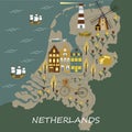 Set of hand drawn vector doodles of Amsterdam, Netherlands