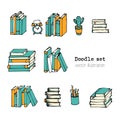Set of Hand drawn Vector illustration.   Book, Notebooks, Notepads and Diaries Sketch. Stack of books. Office stuff, student desk. Royalty Free Stock Photo