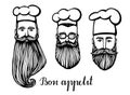Set of Hand drawn vector illustration of hipster chief-cooker with a mustache and beard in white hat. chief-cooker logo.