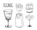 Set of hand drawn vector illustrations isolated on a white background. Eggnog. Traditional Christmas drinks, beverages Royalty Free Stock Photo