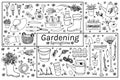 Set hand drawn vector isolated elements. Gardening. Springtime. Illustration of a garden tools, plants, flowers,