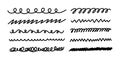 Set hand drawn vector lines with various textures: spirals, zigzags, scribbles, and wavy borders. Doodle dividers Royalty Free Stock Photo