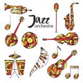 Set of hand-drawn vector music jazz instruments