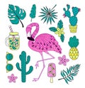 Set of hand drawn vector tropical elements with flamingo, exotic leaves.