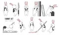 Set of Hand drawn vector white bunnies. Cartoon bunny with backpack, books in school. Cute scketch character design. Rabbit school