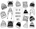 Set of hand drawn vector winter caps and hats doodles