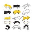 Set of Hand drawn vector yellow and black arrows doodle on white background. Royalty Free Stock Photo
