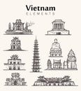 Set of hand-drawn Vietnam buildings.Vietnam sketch illustration.