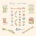 Set of hand-drawn vintage sewing tools. Buttons, Needles, silk thread, threads for embroidery, needle pad, spools Sketch