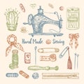 Set of hand-drawn vintage sewing tools. Sew machine, Needle, scissors, mannequin, buttons, tailor meter. Sketch