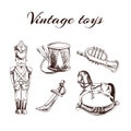 A set of hand-drawn vintage toys: soldier, drum, trumplet, saber, rocking horse. Outline vintage vector illustration.