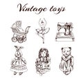 A Set Of Hand-drawn Vintage Toys: Strooler, Ballerina, Bunny, Teddy Bear, Doll, Sewing Machine.