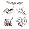 A set of hand-drawn vintage toys: wooden dog, duck, yula, paper airplane. Outline vintage vector illustration.
