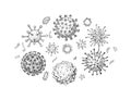 Set of hand drawn viruses types (coronavirus, papillomavirus, herpes, influenza, hepatitis, adenovirus) in sketch style.