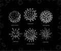 Set of hand drawn viruses types (coronavirus, papillomavirus, herpes, influenza, hepatitis, adenovirus) in sketch style. Royalty Free Stock Photo