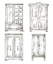 Set of hand drawn wardrobes. Interior elements. Ve