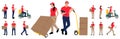 Set of hand drawn warehouse workers holding boxes with a clipboard. Delivery man and woman with cargo carts